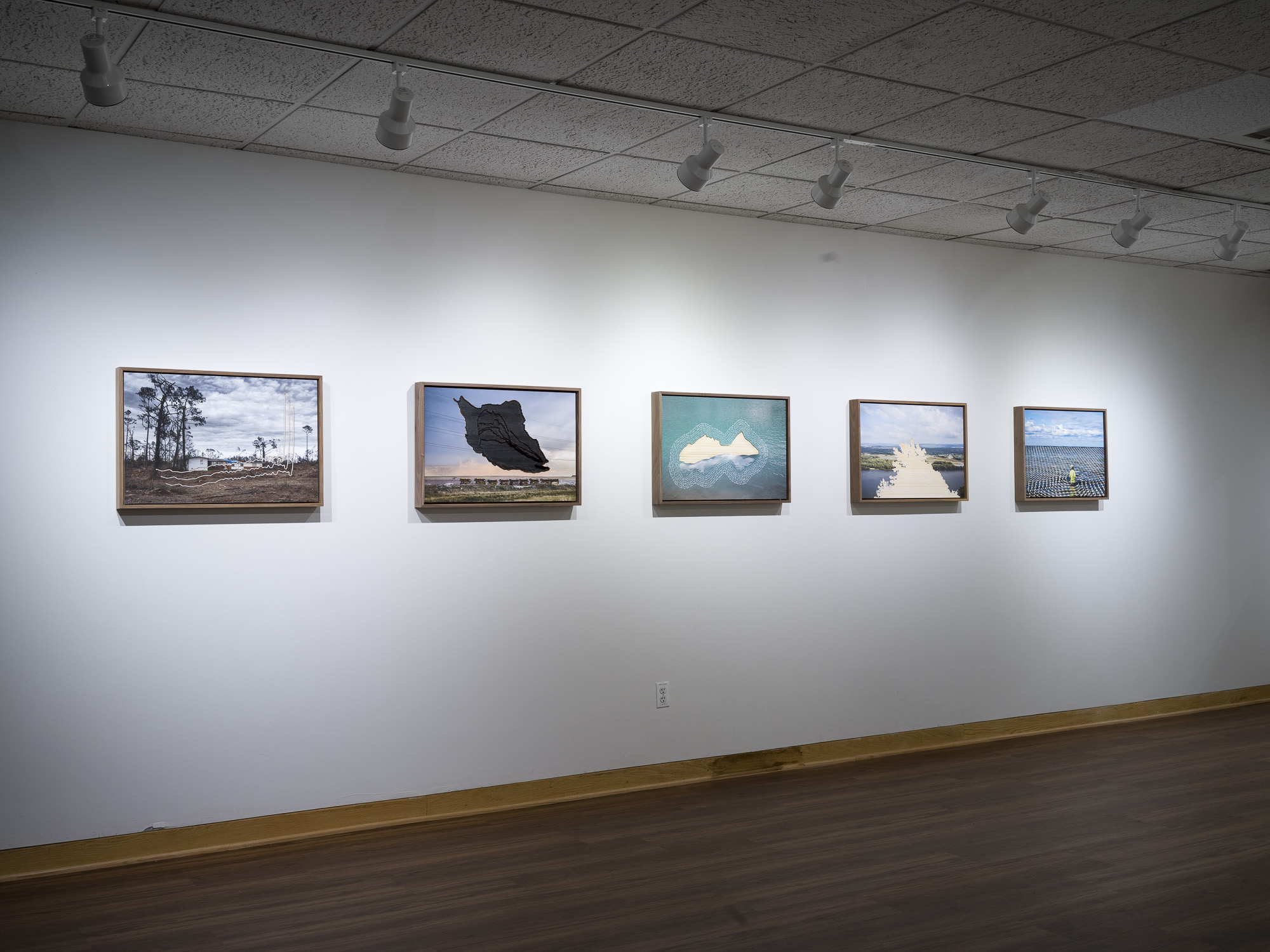 Five mixed media photographs hanging on a gallery wall